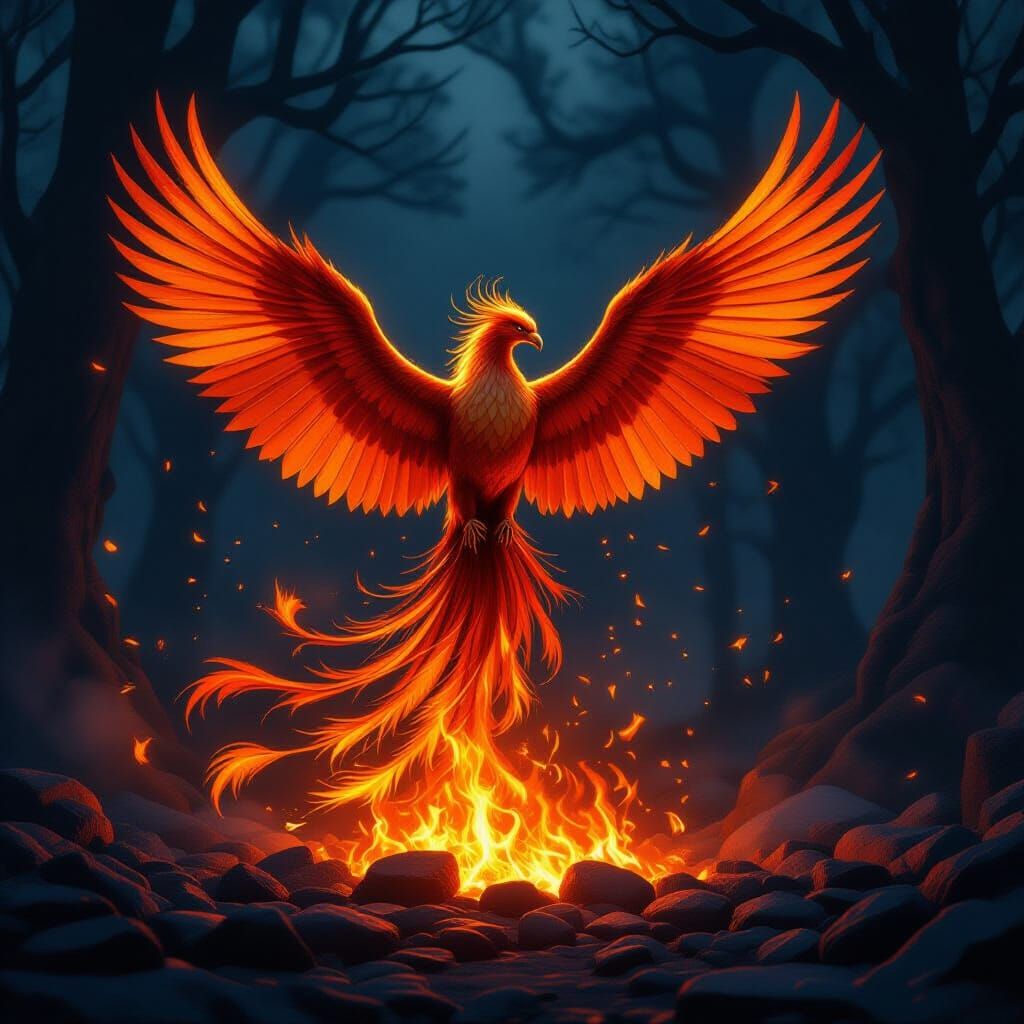 Majestic Phoenix Rises From Embers in Fantasy Art Style
