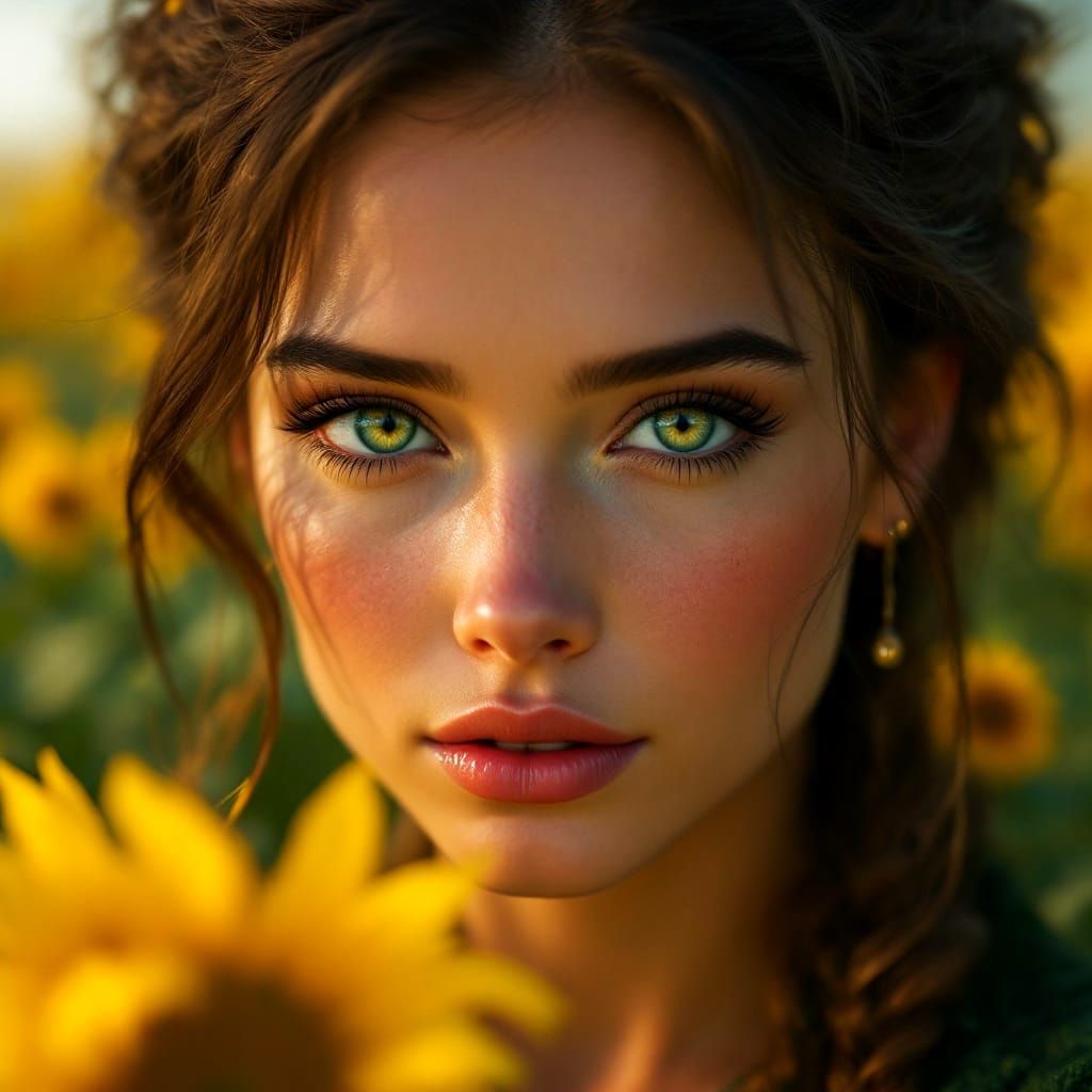 Woman Among Sunflowers in a Dreamlike Setting