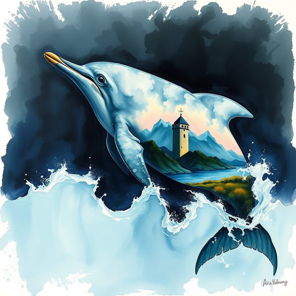 Dolphin Seascape in Mixed Media Style