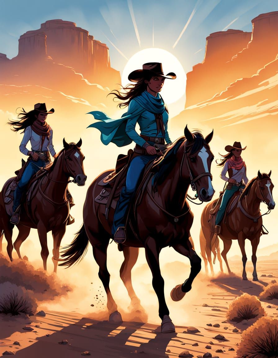 Comic Art: Cowgirls Ride Through Desert Sunrise