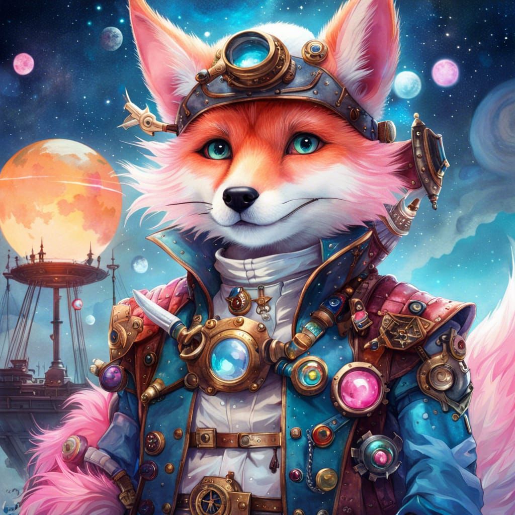 Steampunk Space Pirate Fox Portrait in Anime Style