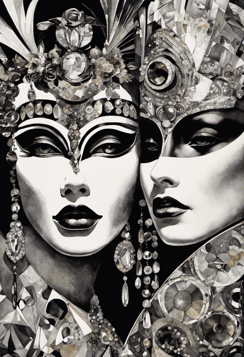 Bohemian Masks in Iridescent German Expressionism Style