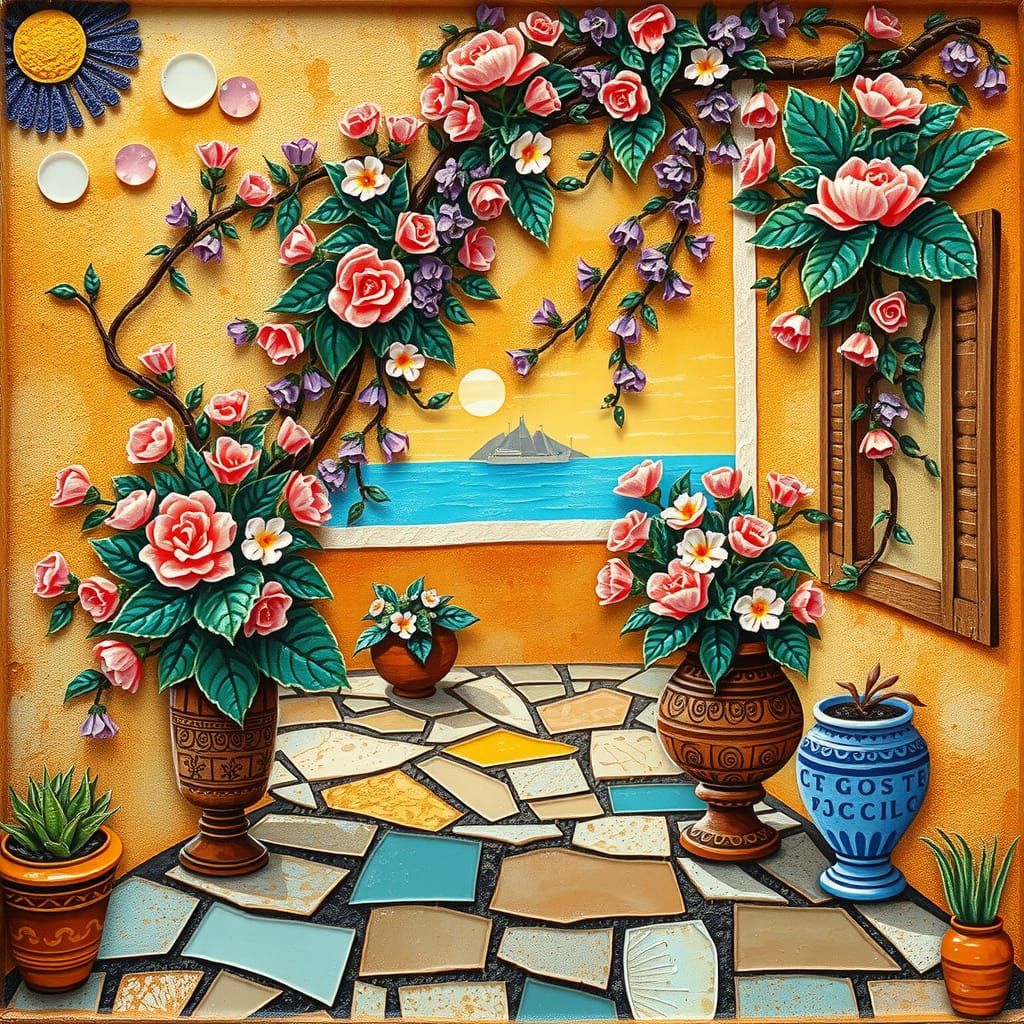 Sicilian Patio in Vibrant, Layered Glass Artwork