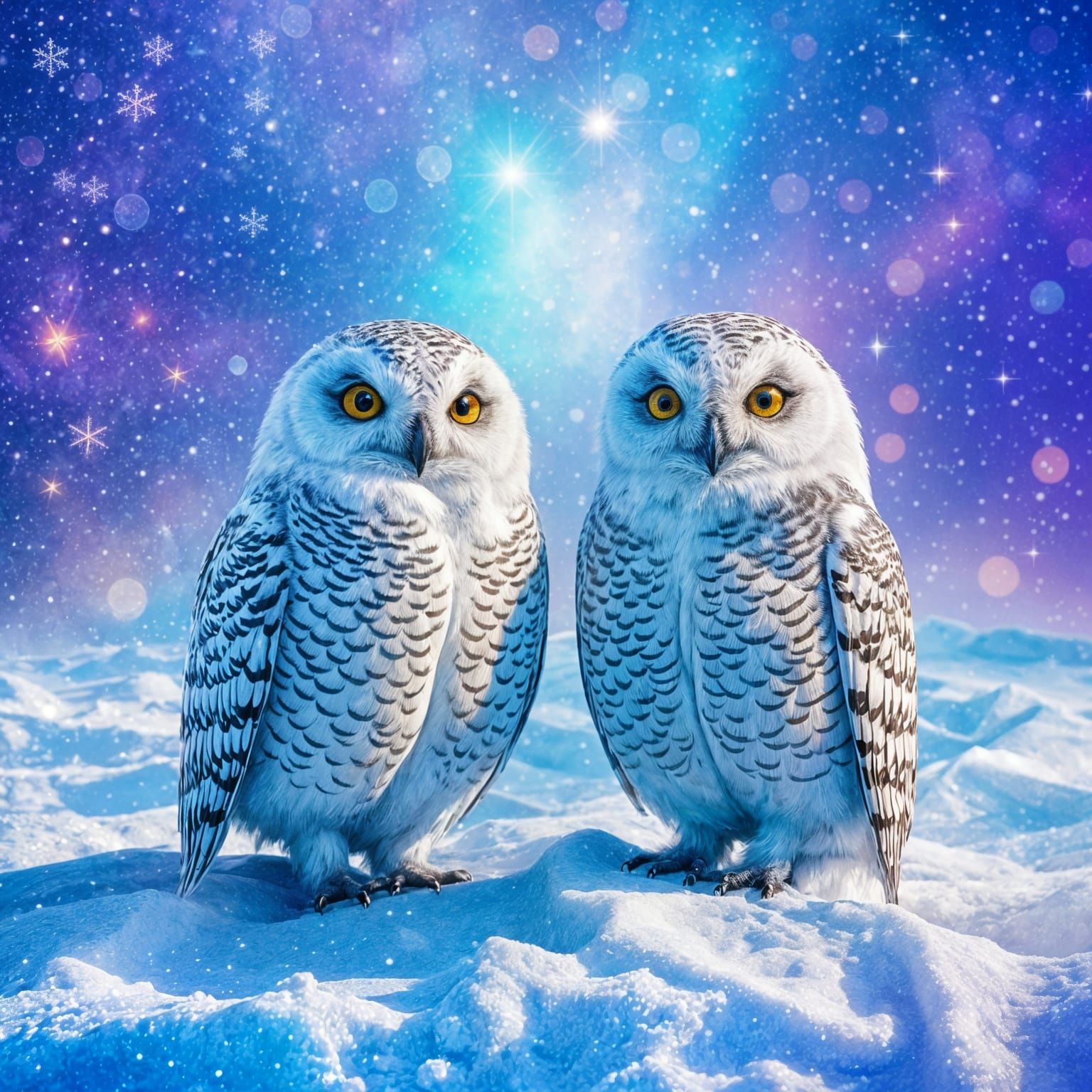 Cosmic Snowy Owls in Iridescent Holographic Landscape