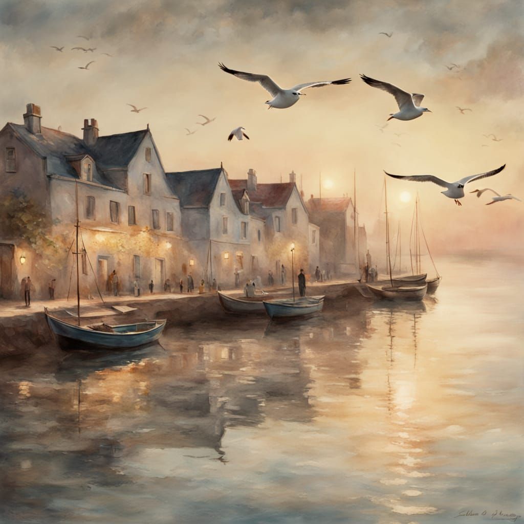 Idyllic Watercolor Scene of Charming Cafe in Quaint Bay