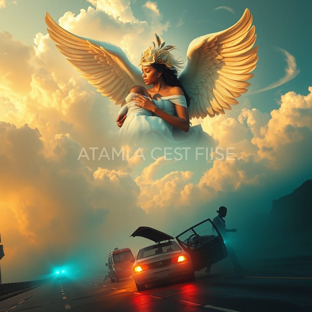 Angel Mother Cradles Baby in Celestial Clouds Amidst a Chiar...