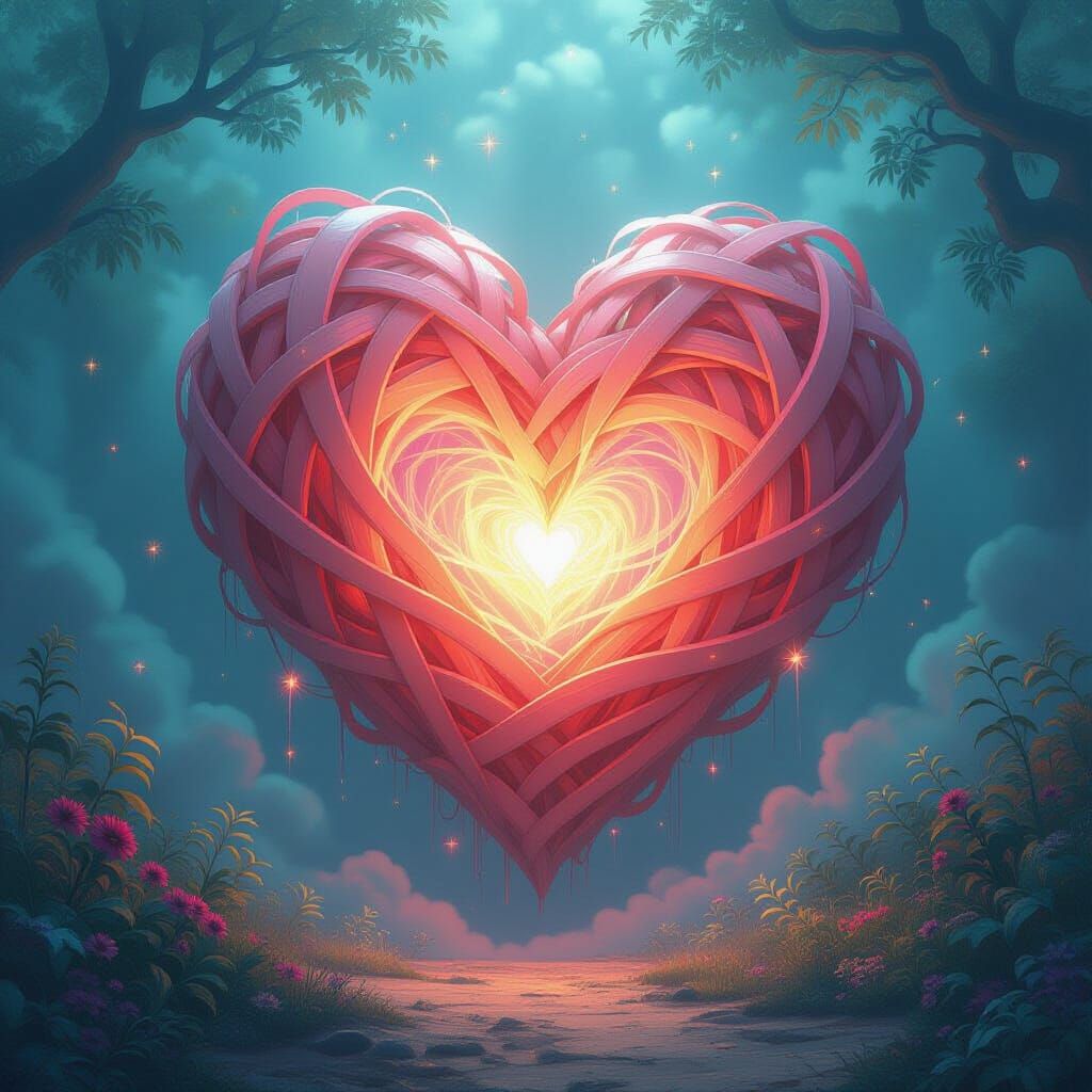 Colossal Heart Woven from Souls, Dreamlike Art