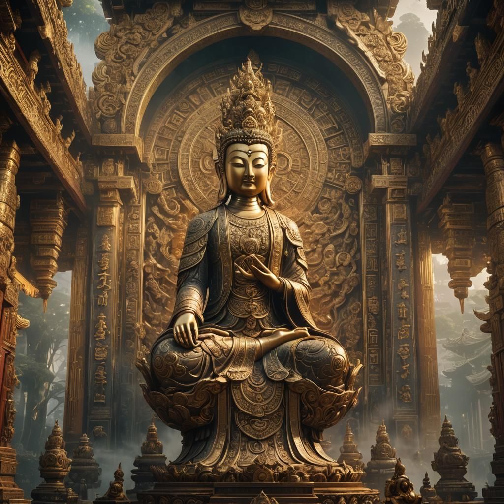 Majestic Quan Yin Statue in Ancient Buddhist Temple