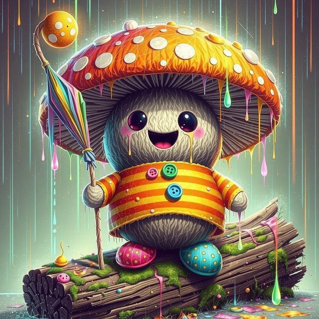 Mushroom Plush Toy in Acid Rain Grunge Landscape