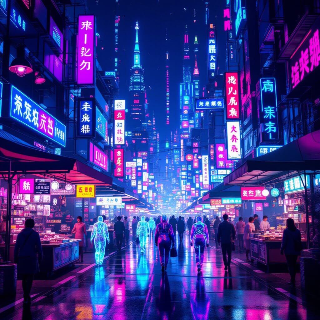 Futuristic Floating Market With Holographic Fashion