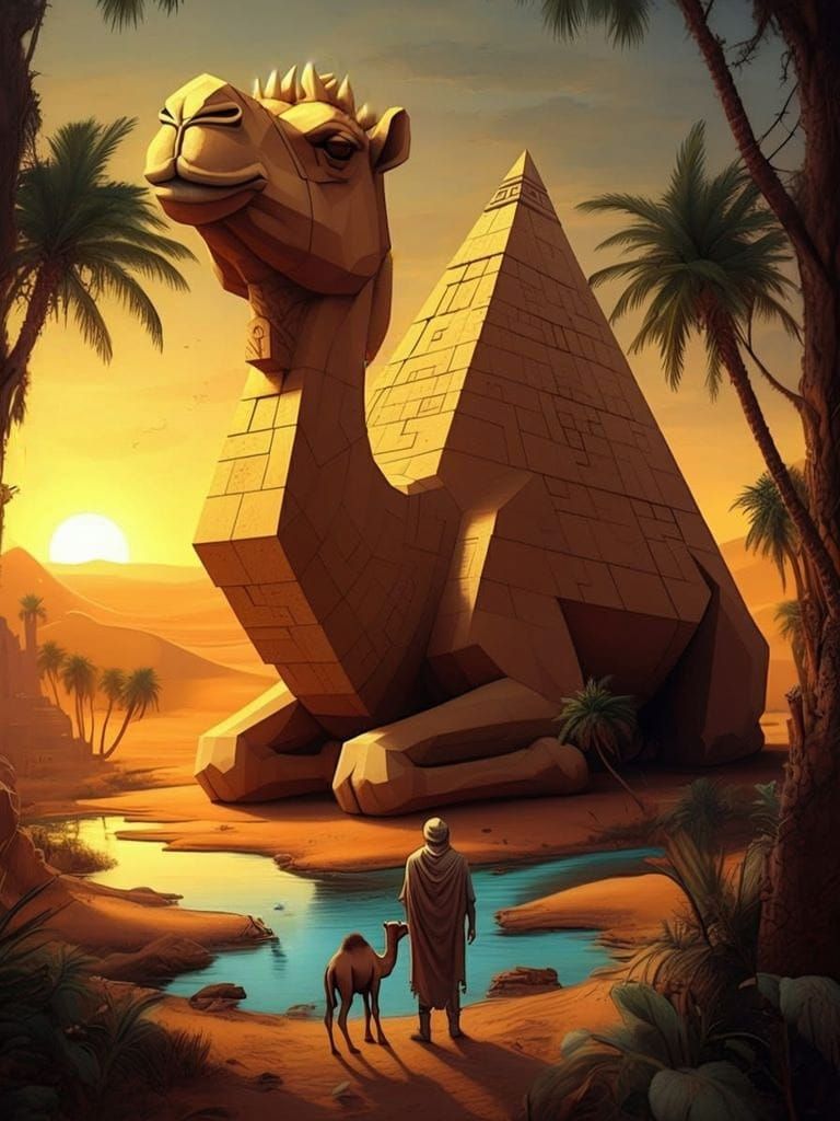 Traveler Gazes at Camel Pyramid Under Blue Sky