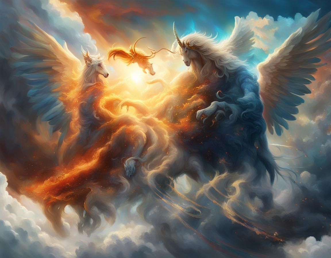 Angel vs Devil Fight with Unicorn in Matte Painting Style