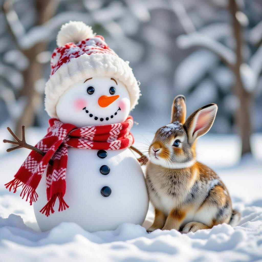 Friendly Snowman With Bunny Companion, Photorealistic Style