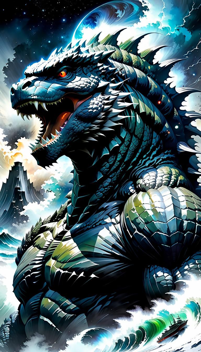 Godzilla Head in Watercolor with Astral Elements