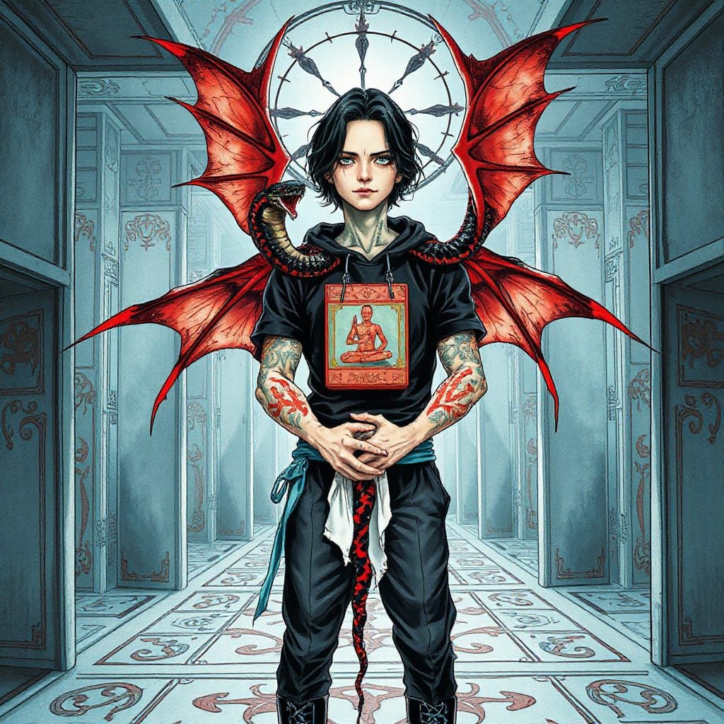 Deity in Junji Ito Style with Blood Bone Wings