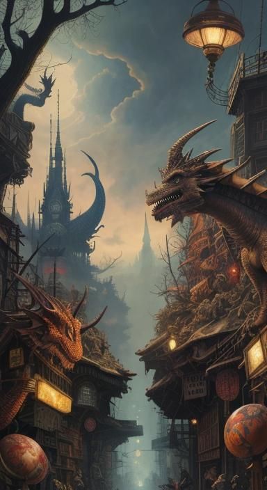 Dragons in Post-Apocalyptic Wonderland: Detailed Fantasy Pai...