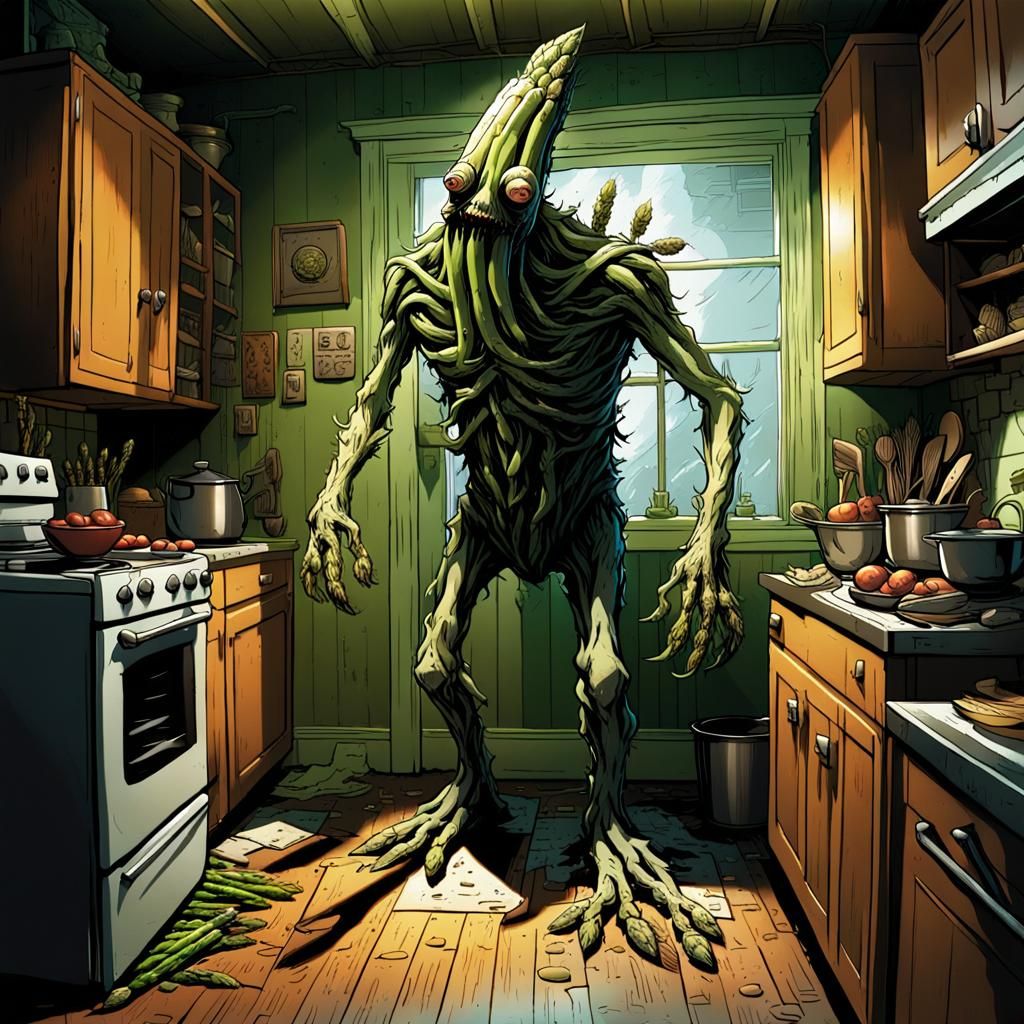 Asparagus Monster in a Kitchen, Comic Book Art