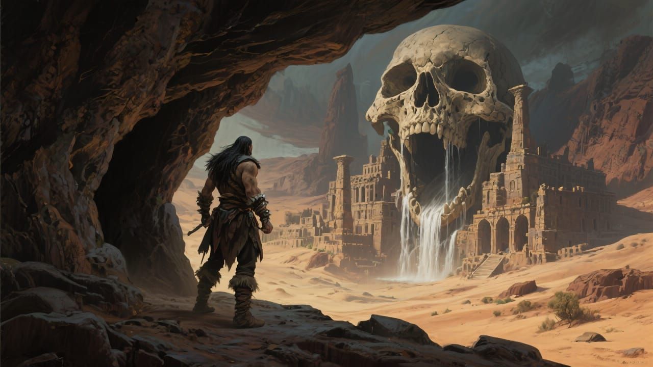 Barbarian Overlooks Skull City with Waterfalls