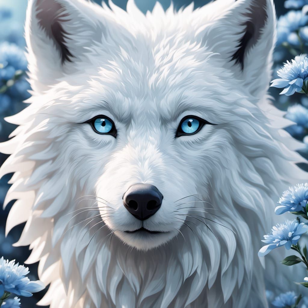 White Wolf with Blue Flowers in Ghibli Anime Style