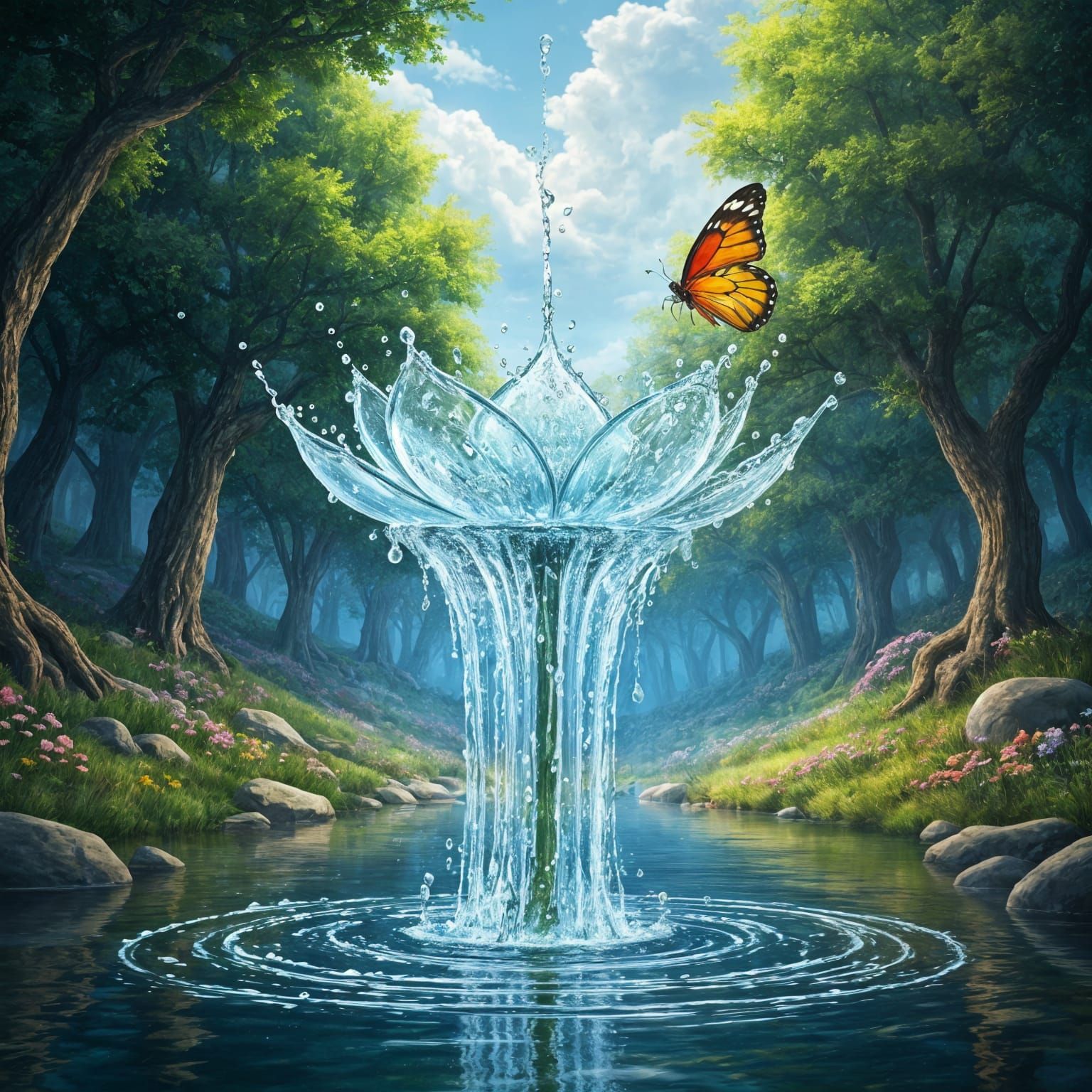 Epic Water Flower and Butterfly in Riverbed