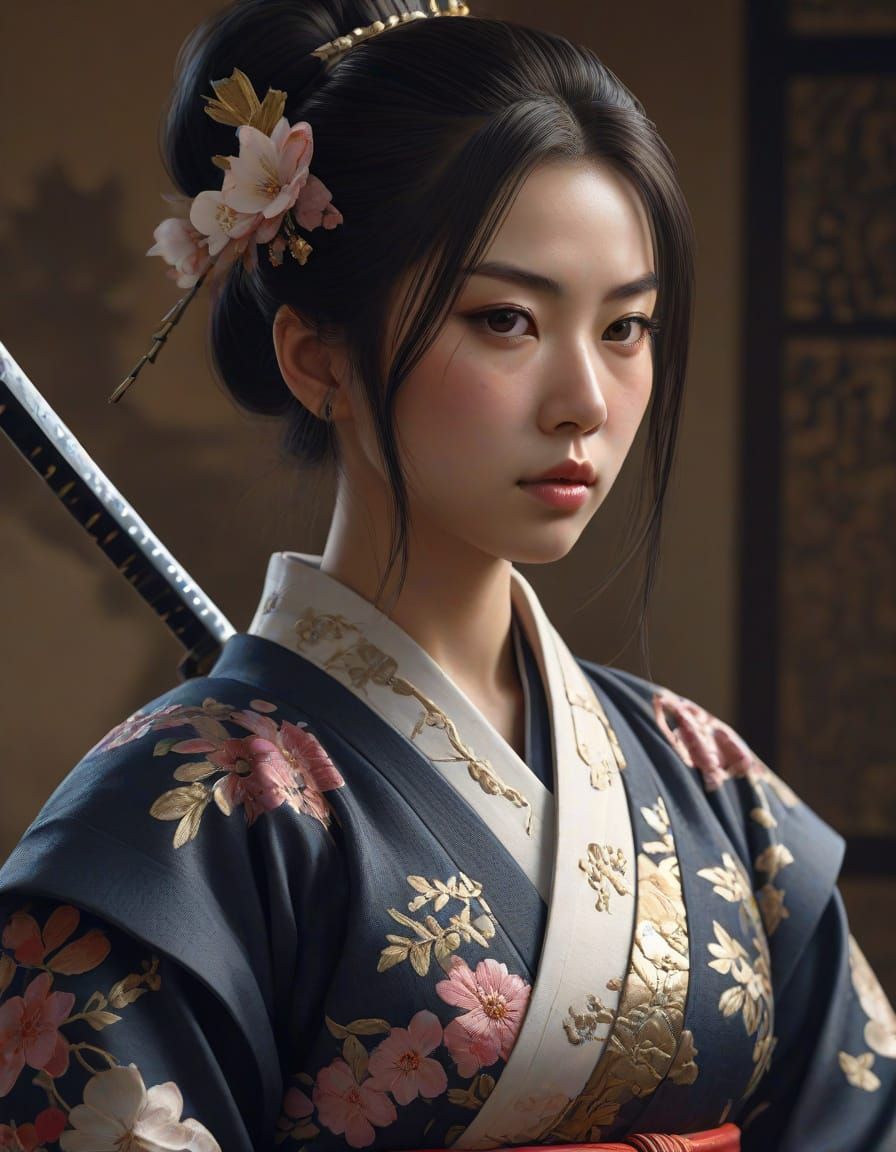 Kneeling Samurai Warrior in Renaissance-Oriental Style