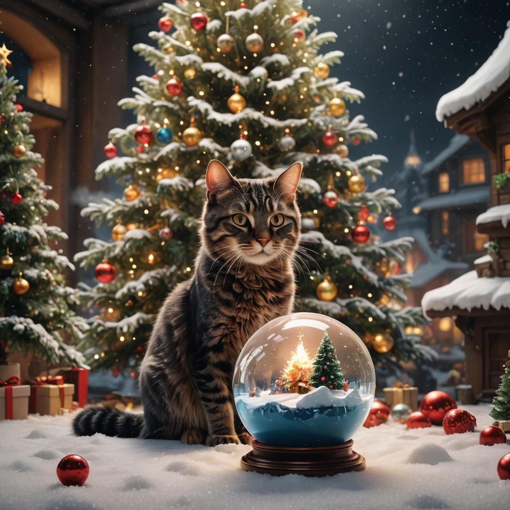 Cat Stares at Nuclear Snow Globe Christmas