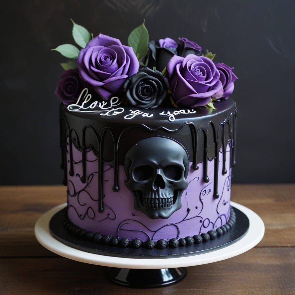 Gothic Skull Cake With Purple Roses And Icing Message