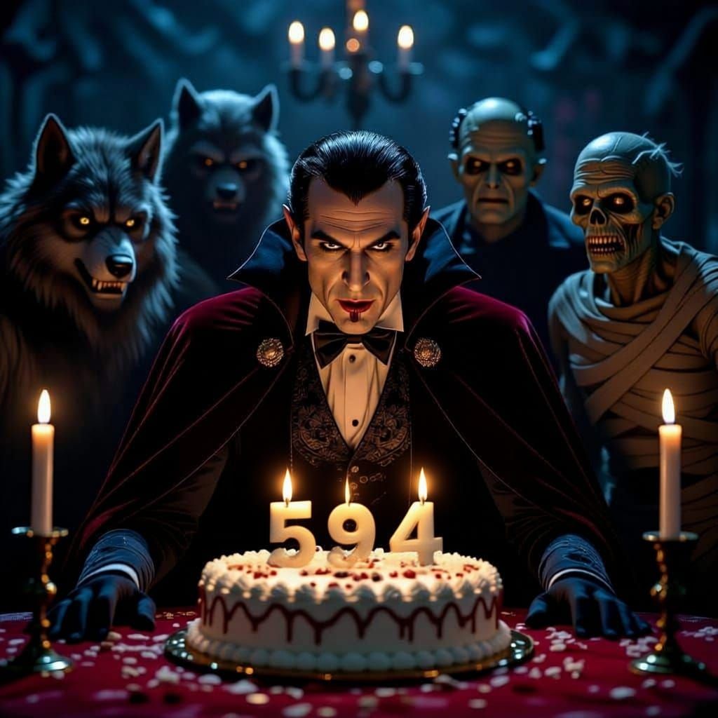 Dracula Blows Out Birthday Candles with Monster Friends