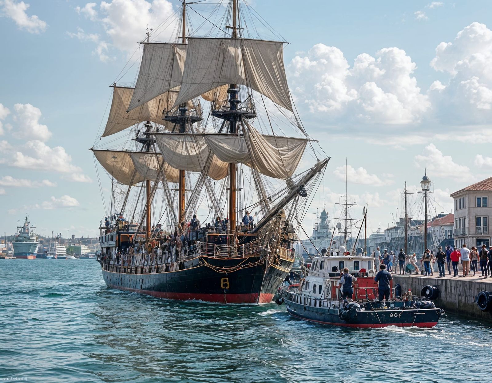 Warship and Tugboat in Port: Sailors from Different Eras