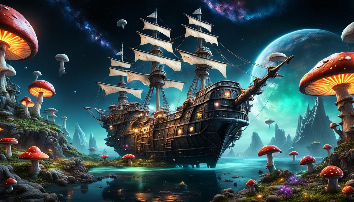 Colorful Space Pirate Ship with Mushrooms