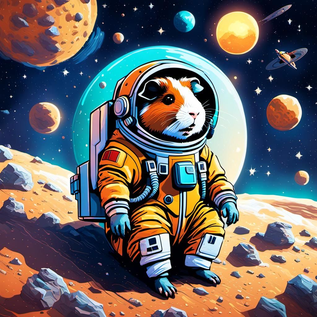 Guinea Pig Astronaut in Space: Aetherpunk Ink Drawing