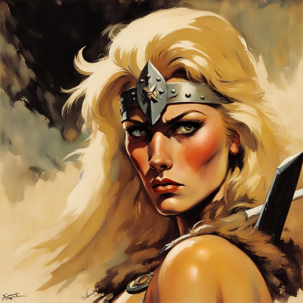 Confident Blonde Barbarian Woman in Frazetta Style