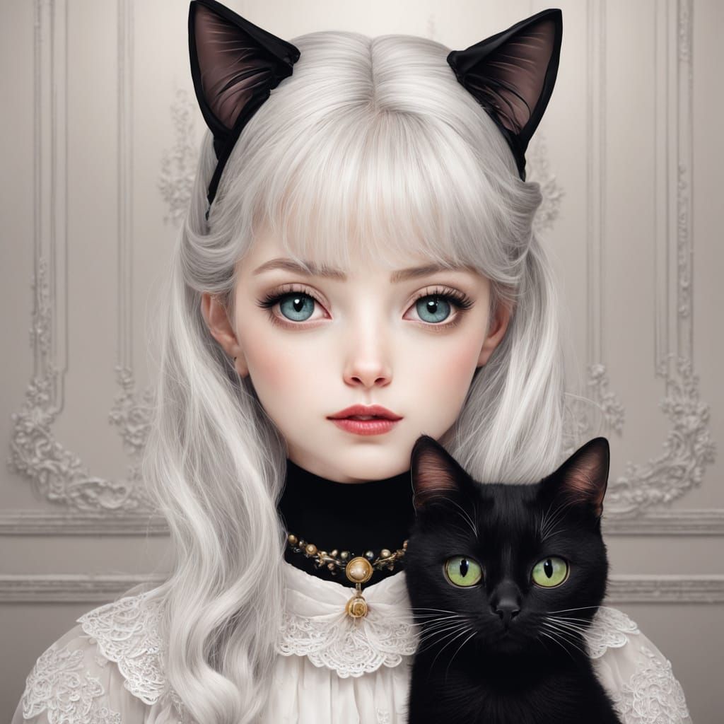 Cute Cartoon Girl and Black Cat Illustration