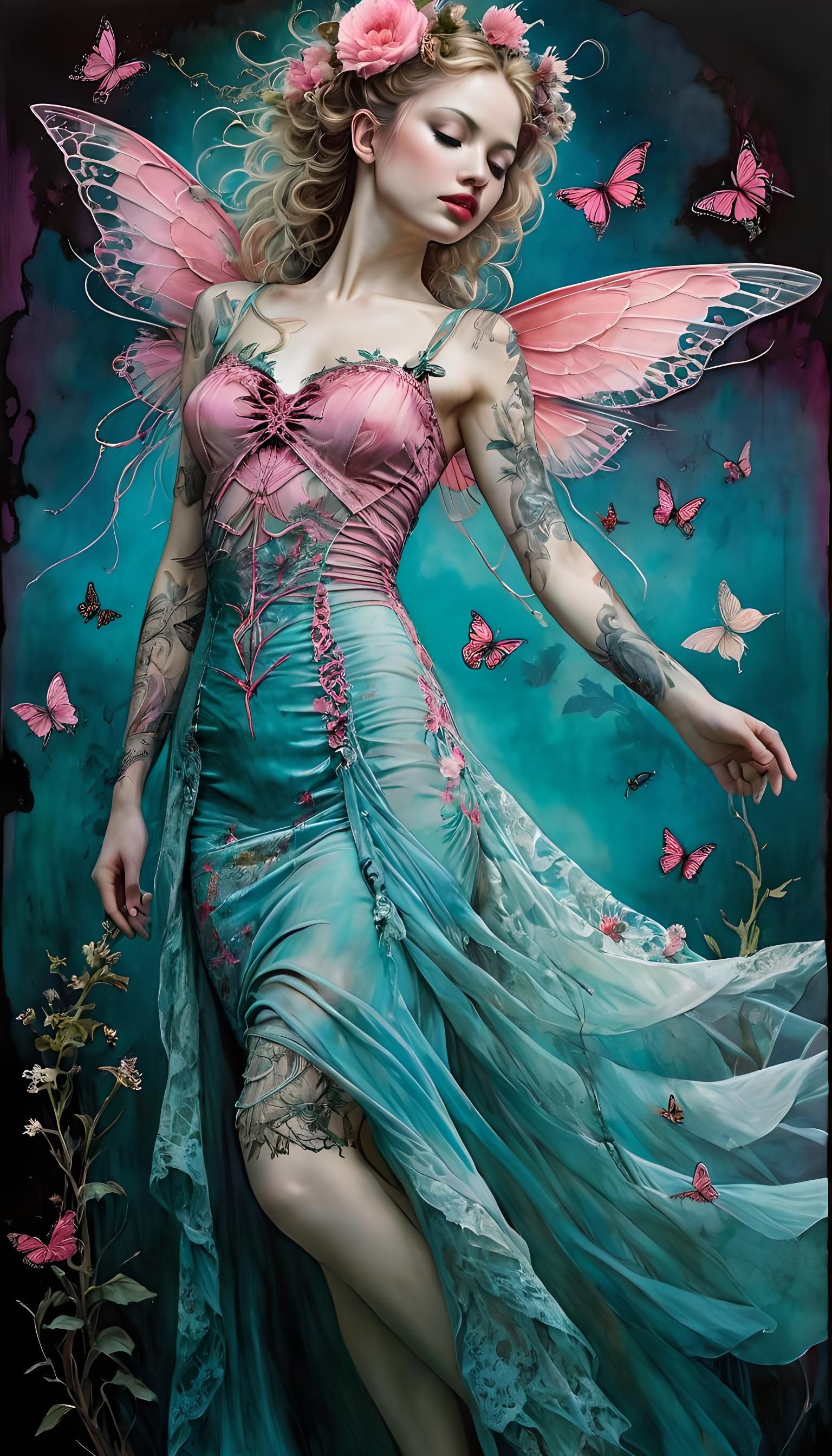 Surreal Gothic Maiden with Lacewings, Watercolor Painting