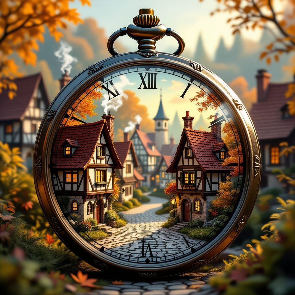 Medieval Village Inside Pocket Watch