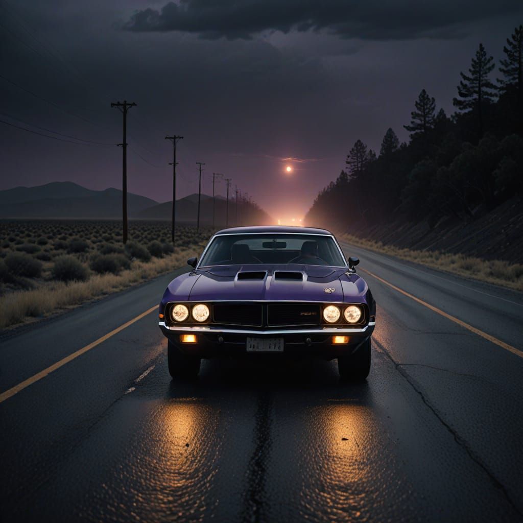 Eerie 1970s Muscle Car with Ominous Aura on Dark Road