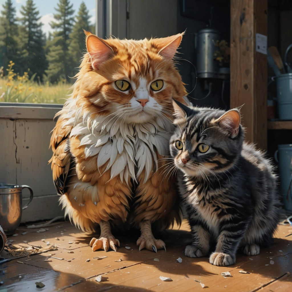 Cuddling Chickens in Hyperrealistic Calico Harmony