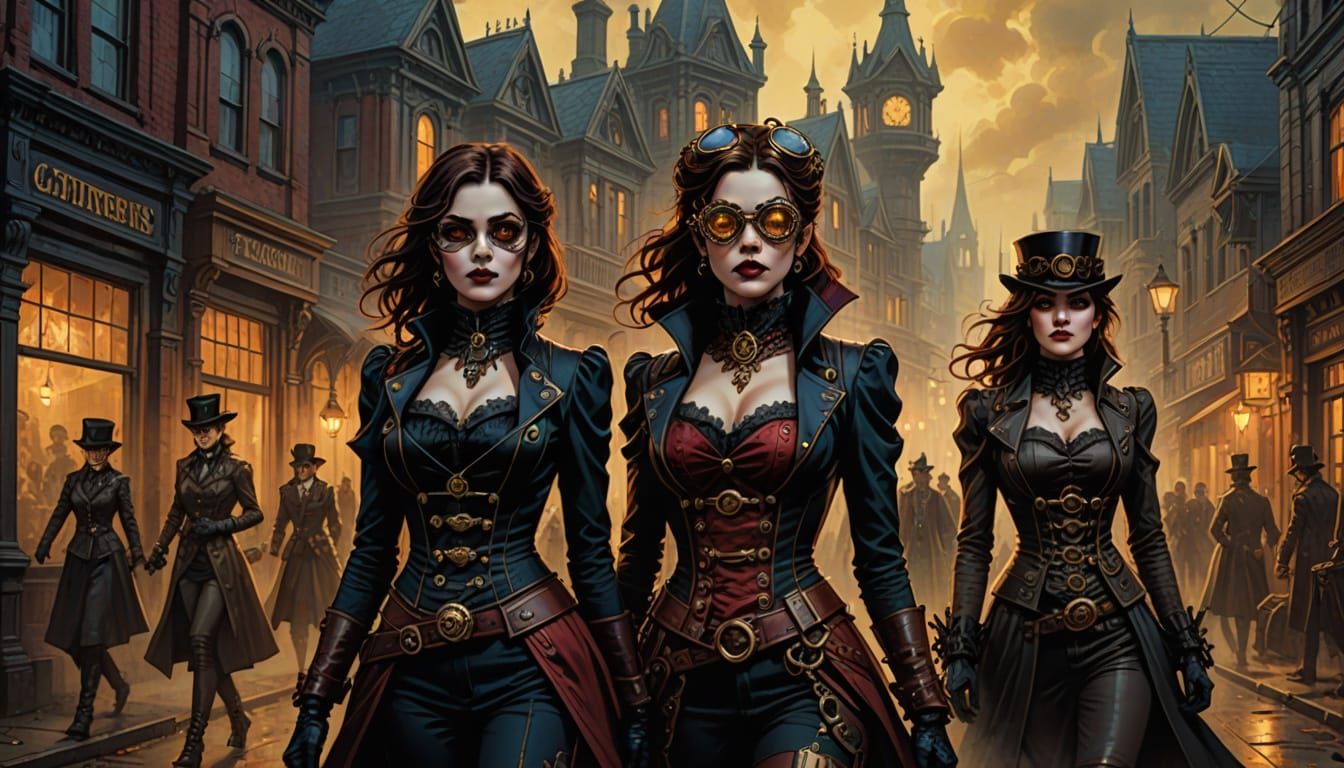 Steampunk Vampire Women in Victorian Town: Comic Book Art