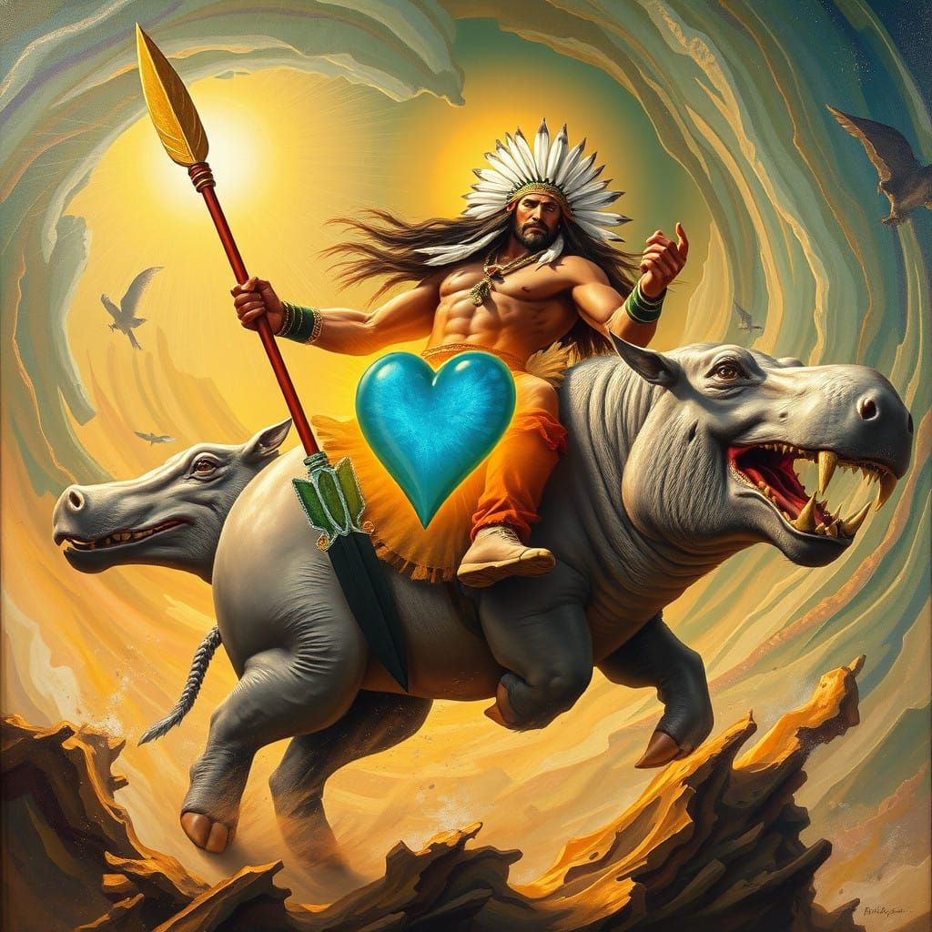 Native American Prophet God Rides Majestic Boar-Hippopotamus...