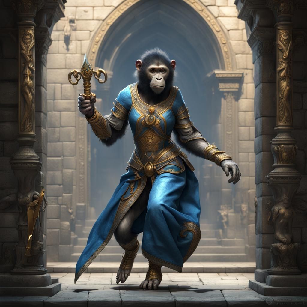 Monkey Spy Escaping Castle: Dark Fantasy Concept Art
