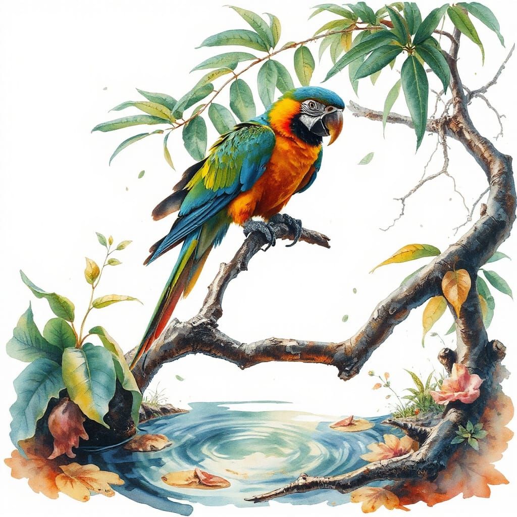 Whimsical Parrot Amidst Lush Greenery in Dreamlike Watercolo...