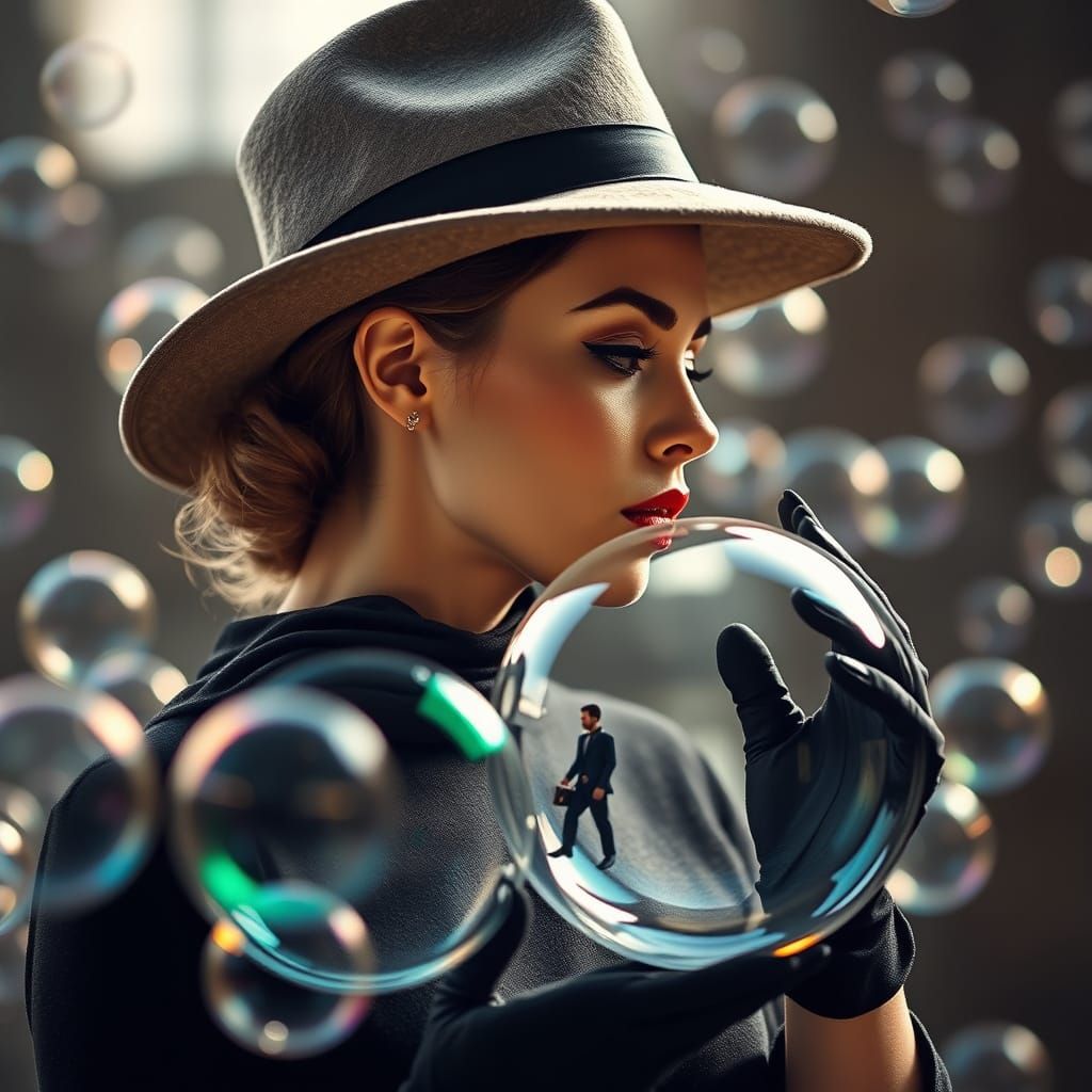Woman Blowing Mirrored Bubble: Surreal Digital Art