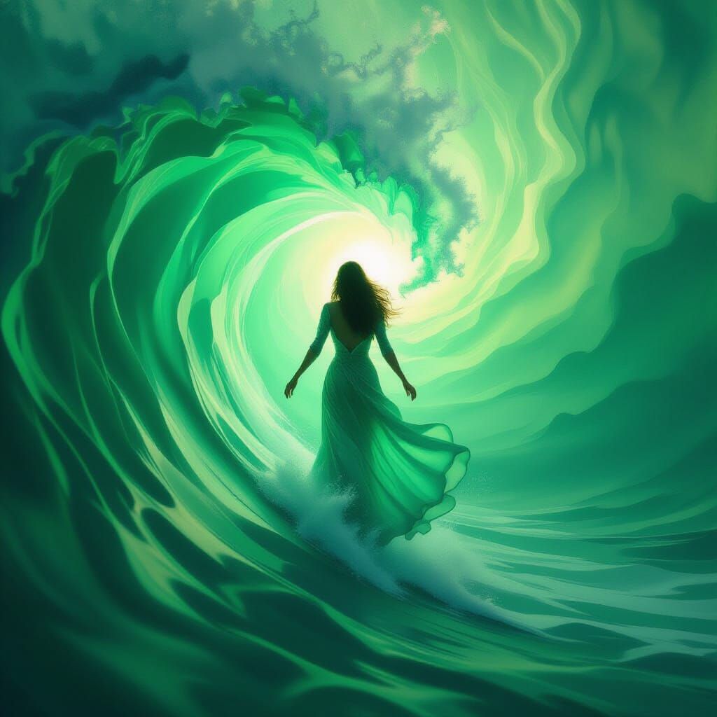 Ethereal Figure in Emerald Wave of Love