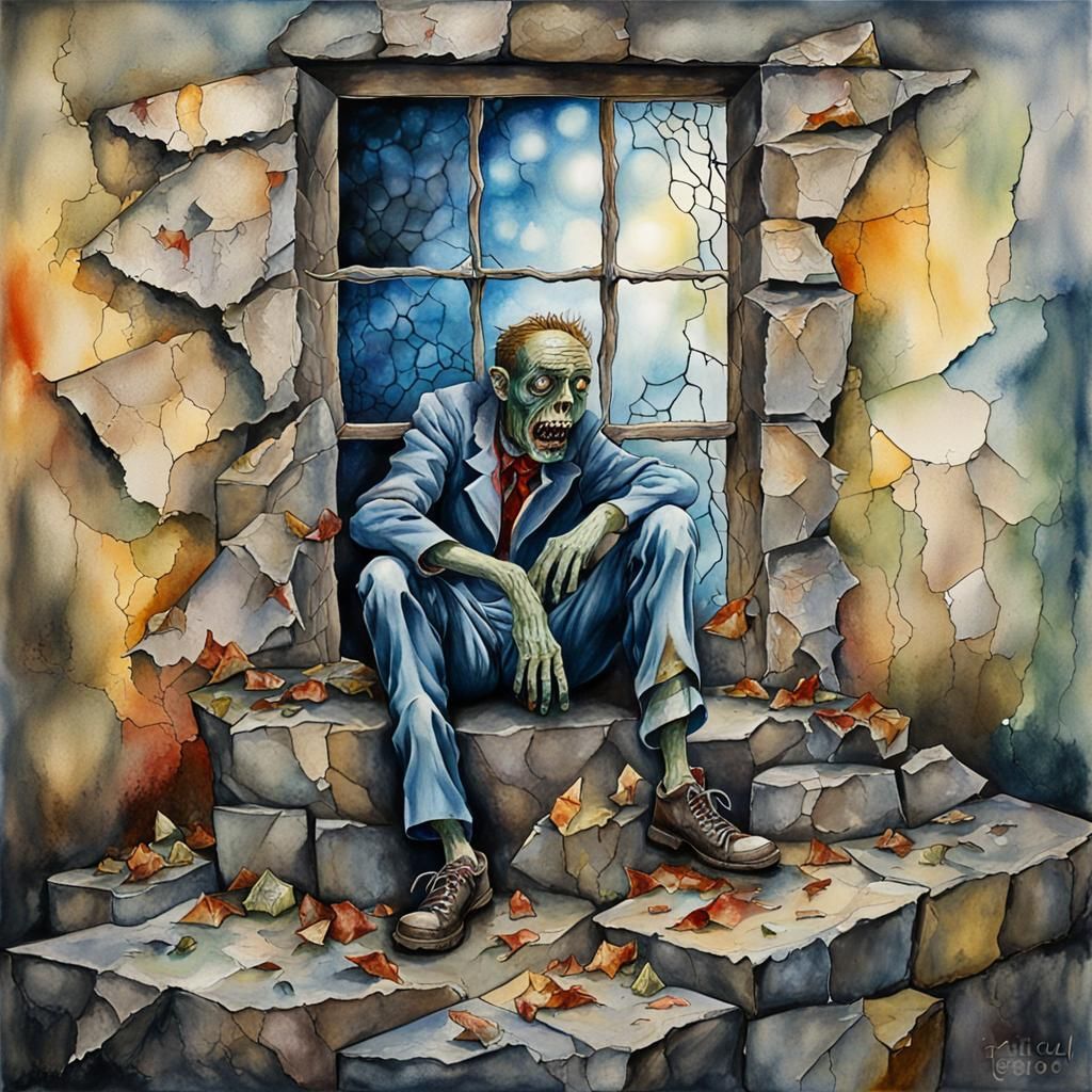 Ethereal Zombie on Stone Wall in Surrealist Style