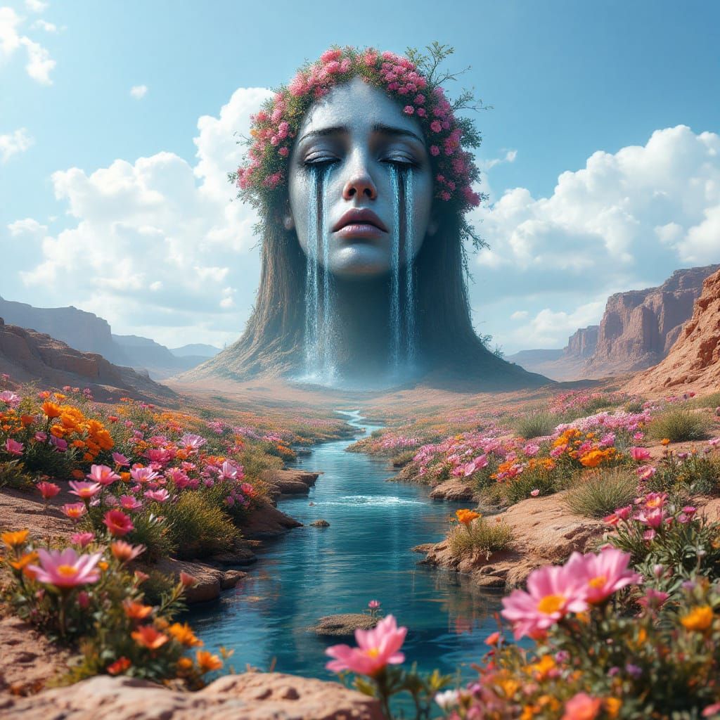 Lonely Waterfall With Sad Face In Arid Landscape