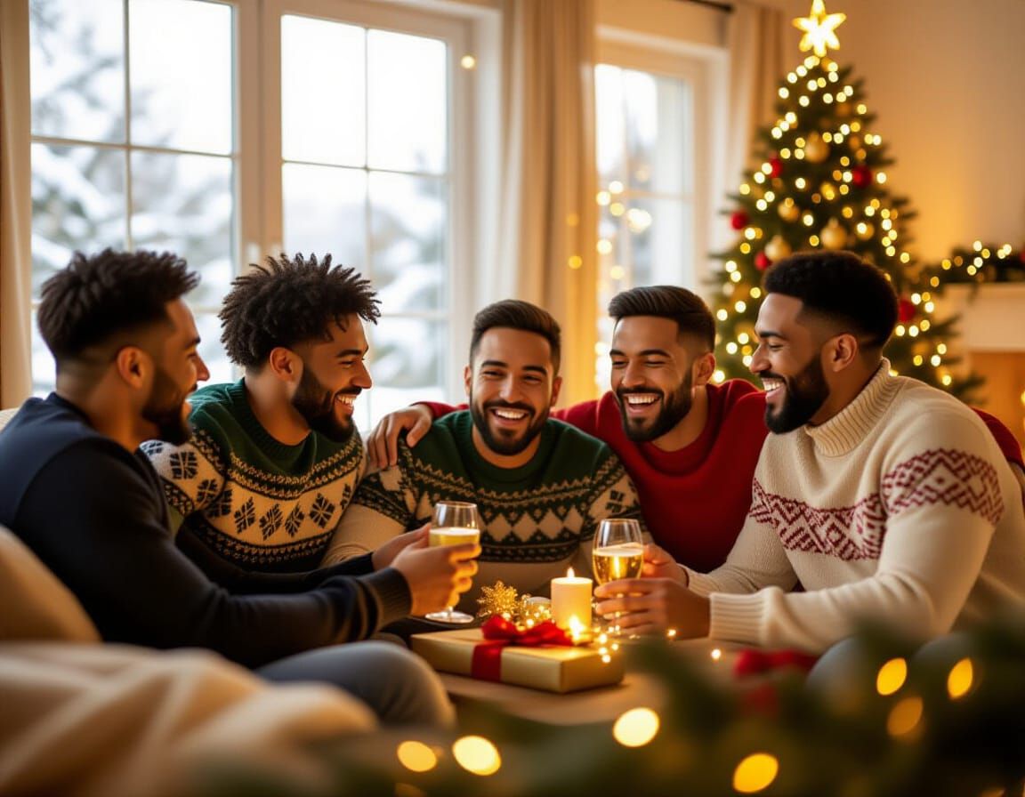 Friends Celebrating Christmas in Cozy Living Room