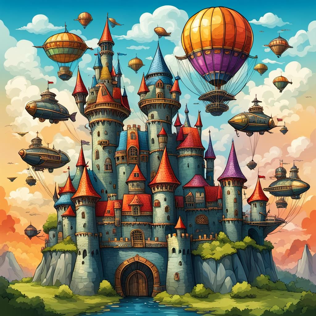 Steampunk Fantasy Castle with Airships