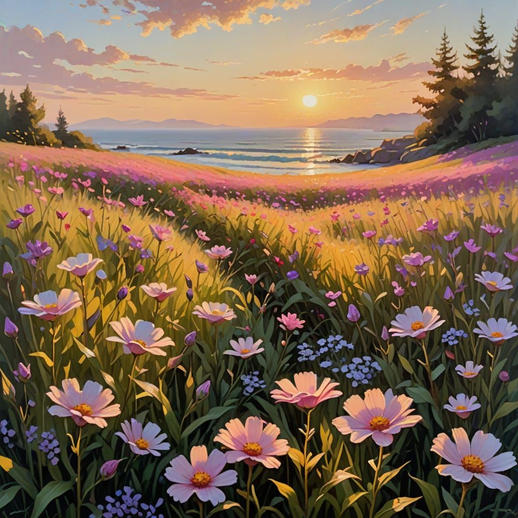 Endless Sea of Flowers in Impressionist Oil Painting Style