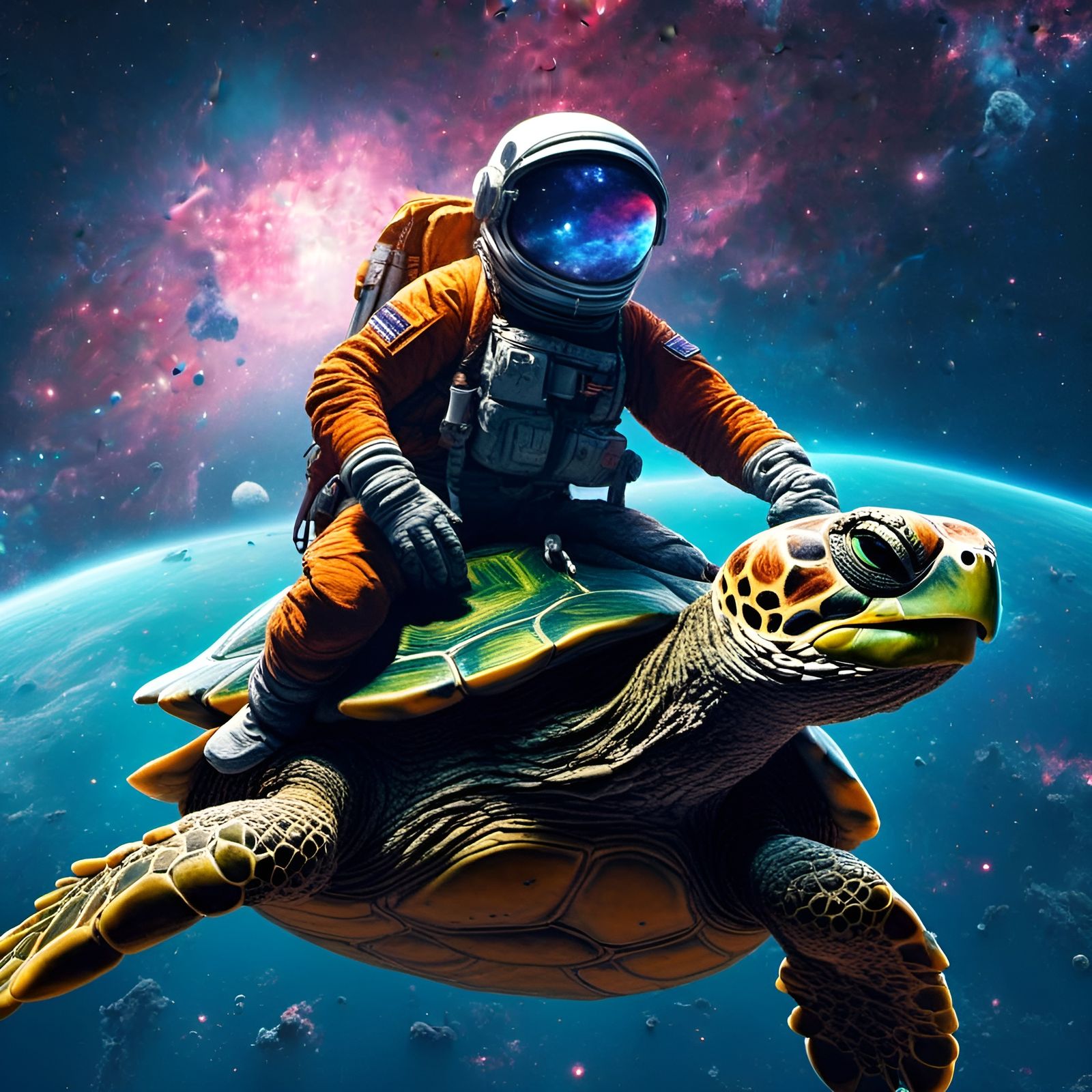 Astronaut Rides Turtle in Space: Detailed Matte Painting