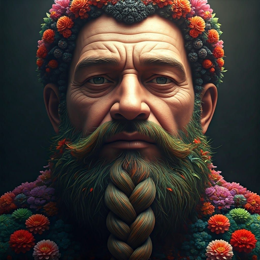 Gigantic Face with Floral Beard, Surreal Pop Art